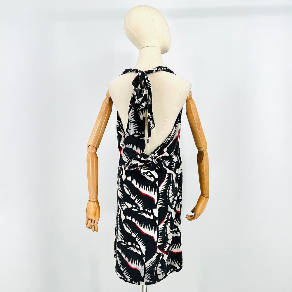 Lenny Niemeyer 100% Silk Black Red Abstract Open Back Halter Scarf Tie Dress